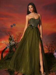 High-Grade Net Yarn Green Women's Strapless High Slit Evening Dress - Army Green - View 8