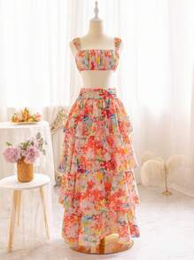 Soleia 女裝假期夏季油畫風格派對午餐婚禮季節畢業季節返校季復活節夏季服裝，可愛休閒印花花朵甜美浪漫橙紅色花卉雪紡層疊荷葉邊鬆緊腰二件套裝 - 彩色 - 查看 3