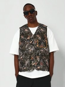 SUMWON Zip Through Gilet With All Over Print - Army Green - View 1