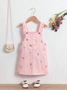 SHEIN Vintaside Kids 少女刺繡牛仔連衣裙，附有裝飾點綴