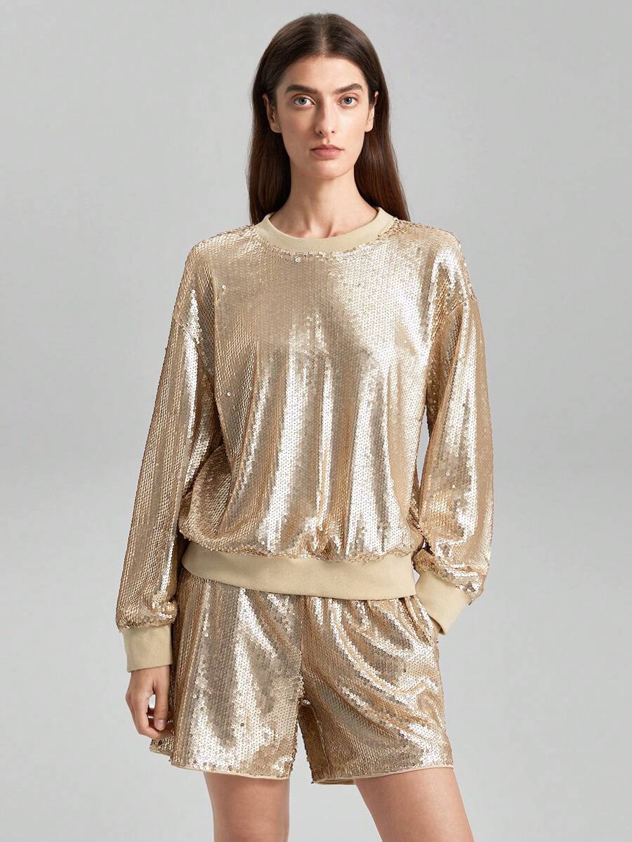 Ontre Conjunto De 2 Piezas De Sudadera Con Cuello Redondo, Mangas Caídas Y Pantalones Cortos - Caqui - Ver 1