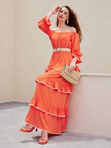 MOTF PREMIUM 露肩飄逸袖子對比波帶修邊層疊荷葉邊連衣裙 - 橘色 - 查看 4