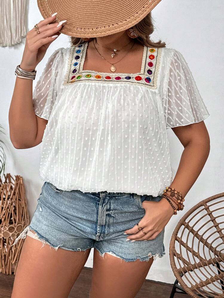Plus Size Square Collar Casual Short Sleeve Shirt, Summer