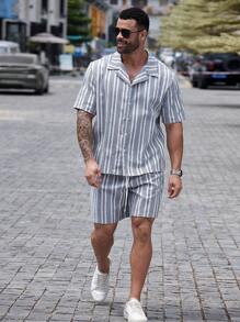 Manfinity Homme Conjunto de camisa casual de diseño a rayas y estampado de moda para hombres de talla grande - Blanco - Ver 5