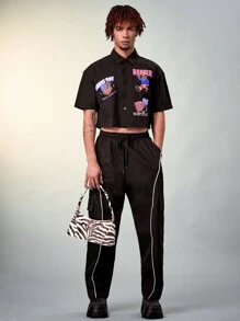FeverCity Men's Cartoon Letter Print Short Sleeve Crop Top Shirt - Black - View 6