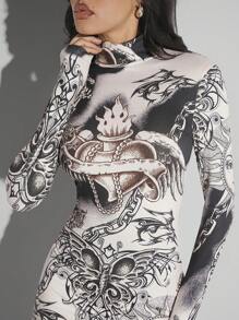 Hauture Tattoo Graphic Print High Neck Bodycon Dress - Multicolor - View 3