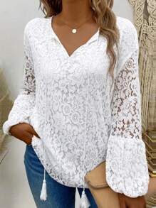 SHEIN LUNE Áo sơ mi đi nghỉ thông thường có dây buộc cho nữ - trắng - Xem 5