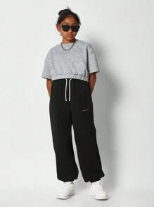 SUMWON Áo thun thiết yếu crop fit có gấu quần cho bé gái tuổi teen - Màu Xám nhạt - Xem 5