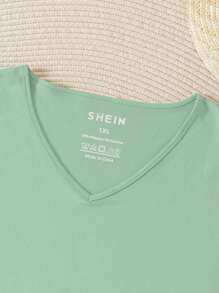 INAWLY Women's Plus Size Solid Color V-neck Short Sleeve T-shirt - Mint Green - View 3