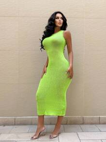 Zolique Vestido feminino sem mangas simples e liso para uso diário - Verde - Visão 4