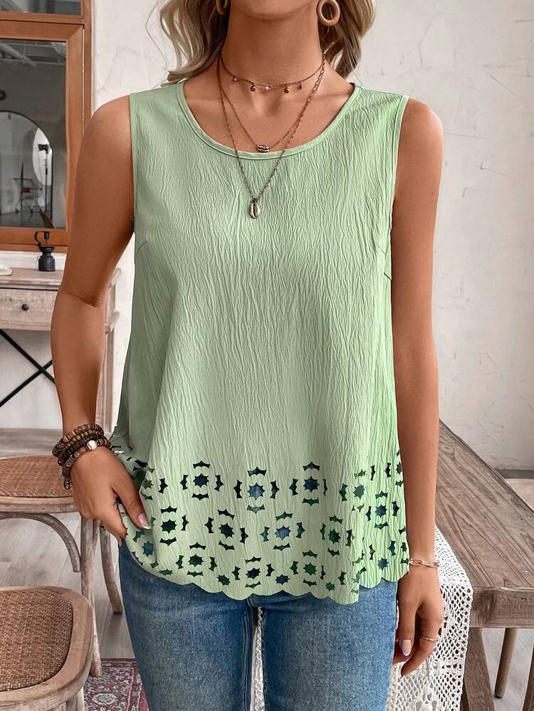 Shell Trim Solid Color Burnout Hem Top For Vacation & Casual