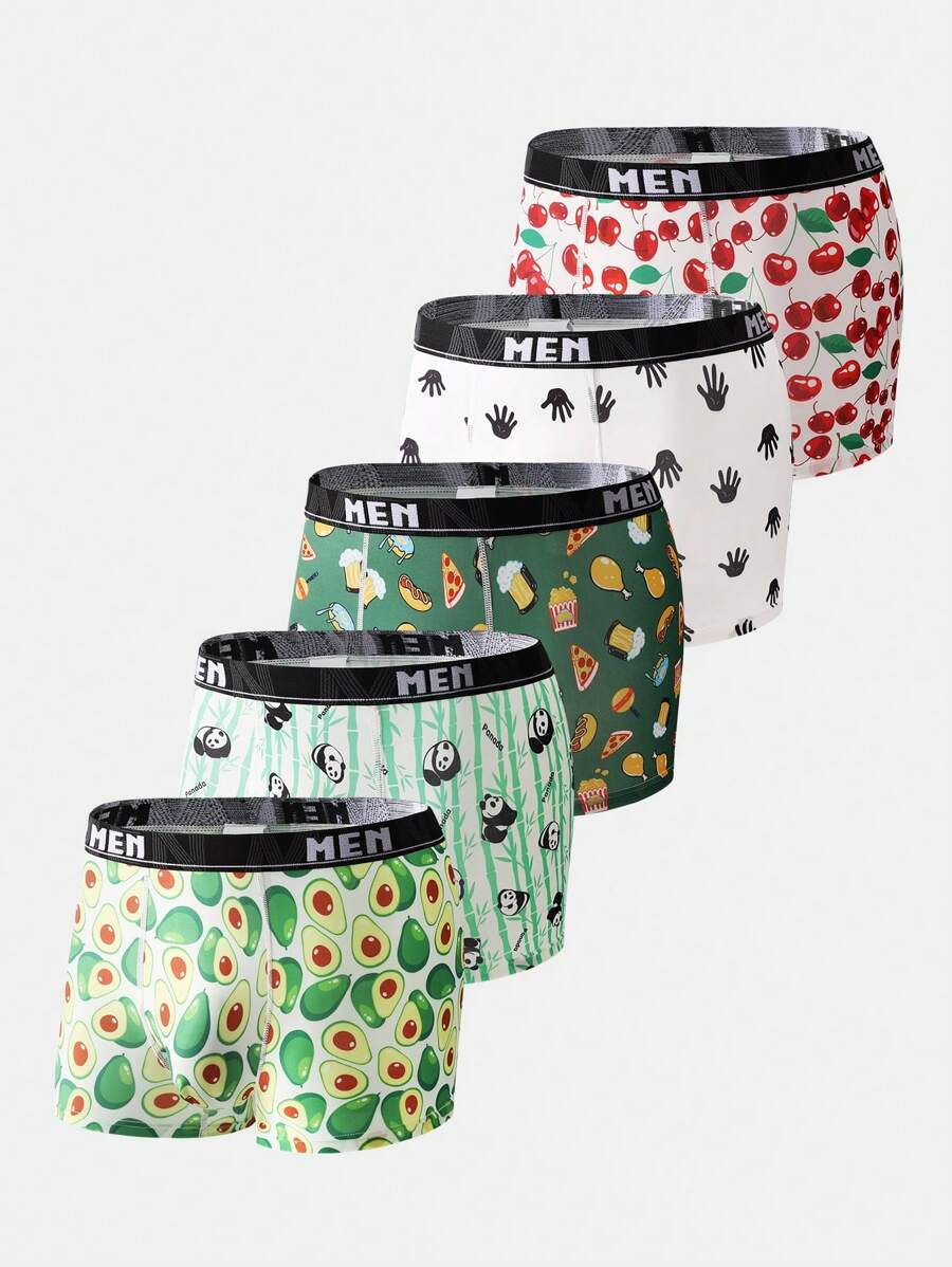 NotGurli Men's Cartoon Printed Boxer Briefs With Elastic Waistband (5pcs/Set)