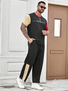 Manfinity Homme Men's Plus Size Summer Letter Printed Round Neck Short Sleeve Casual T-Shirt And Pocketed Long Pants Set - Multicolor - View 5