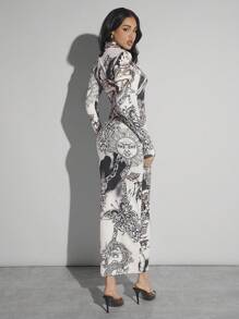 Hauture Tattoo Graphic Print High Neck Bodycon Dress - Multicolor - View 2