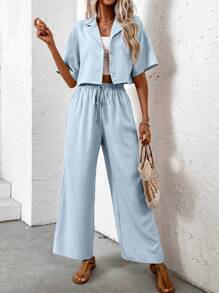 SHEIN LUNE Conjunto de dos piezas de verano para mujer, parte superior y pantalones simples sueltos de lino casual