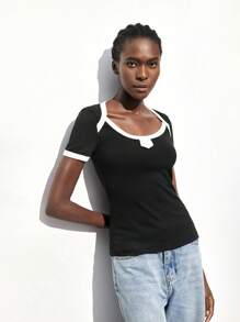 Maija Camiseta informal de manga corta de corte holgado con cuello redondo y bloques de color para mujer, primavera/verano