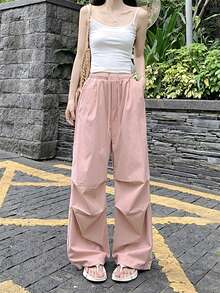 女性用ソリッドカラー シンプルなピンクドローストリングカーゴパンツ、日常着用に適している - ピンク - チェックする 1