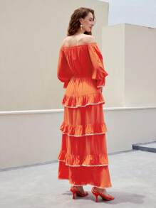 MOTF PREMIUM 露肩飄逸袖子對比波帶修邊層疊荷葉邊連衣裙 - 橘色 - 查看 7