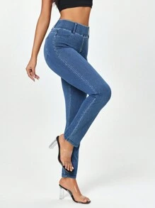 SHEIN EZwear 女式纯色高弹力紧身针织休闲牛仔裤，带口袋