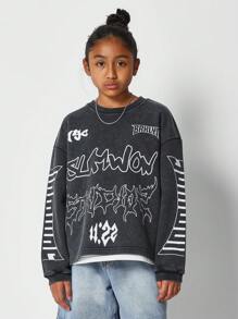 SUMWON Camiseta de manga larga para niñas preadolescentes con estampado en el frente y la manga - Negro - Ver 1