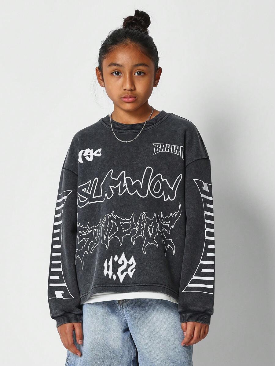 SUMWON Camiseta de manga larga para niñas preadolescentes con estampado en el frente y la manga - Negro - Ver 1