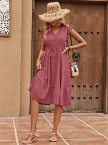 SHEIN LUNE Women Fashionable Solid Color Ruffle Trim Sleeveless Dress - Rust Brown - View 4