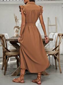 SHEIN Clasi 女式假期休閒純色荷葉邊前釦長衬衫裙 - 棕色 - 查看 2