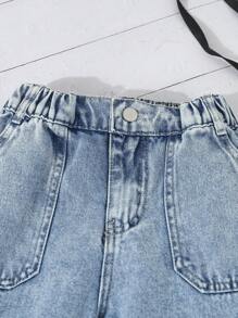 少女夏季休閒純色細肩帶上衣搭配牛仔褲2件組 - 白色 - 查看 3