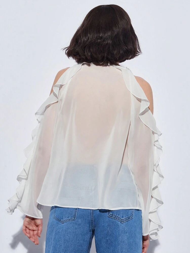 Women's Solid Color Cold Shoulder Ruffle Trim See-Through Blouse, Spring/Summer
