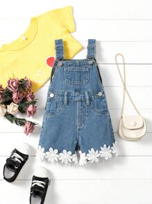 Baby Girl Medium Wash Blue Denim Jumpsuit With Lace Trimmed Patchwork - Medium Wash - View 1