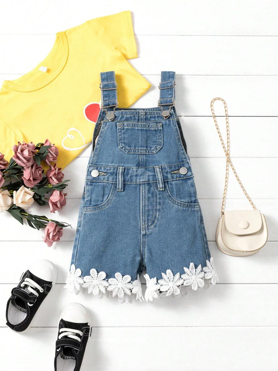 Baby Girl Medium Wash Blue Denim Jumpsuit With Lace Trimmed Patchwork - Medium Wash - View 1
