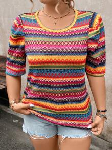 SHEIN LUNE 大尺碼女士夏季幾何印花圓領短泡泡袖休閒T恤 - 彩色 - 查看 4