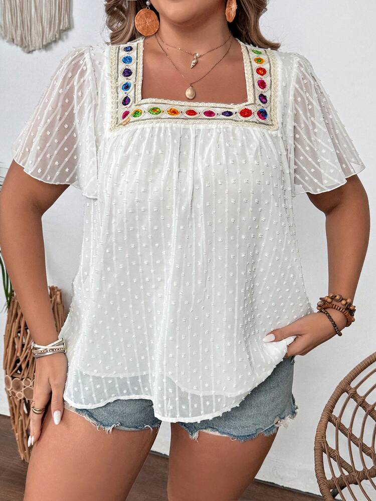Plus Size Square Collar Casual Short Sleeve Shirt, Summer