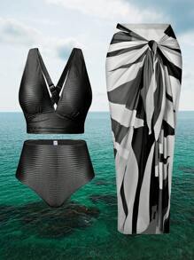 Swim Oasis Bộ Bikini gợi cảm màu trơn cỡ lớn có in hình học váy và váy, 3 chiếc - Đen và trắng - Xem 1