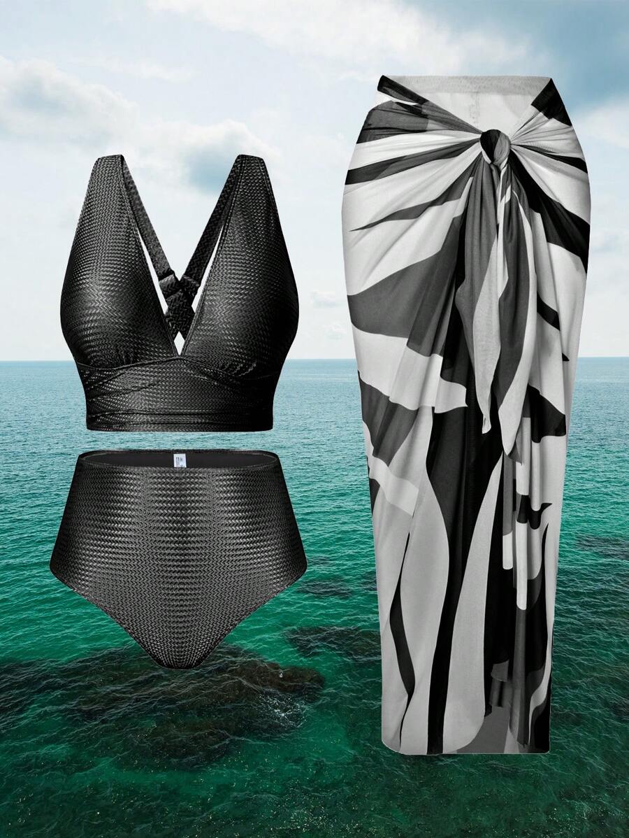 Swim Oasis Bộ Bikini gợi cảm màu trơn cỡ lớn có in hình học váy và váy, 3 chiếc - Đen và trắng - Xem 1