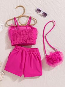 Elladie kids Young Girls' 2pcs Set With 3D Floral And Bow Decorations - Hot Pink - View 2