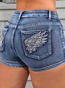 SHEIN Tall Mid-Rise Wing Embroidered Studded Washed Denim Shorts - Medium Wash - View 6