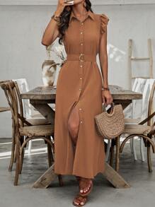 SHEIN Clasi 女式假期休閒純色荷葉邊前釦長衬衫裙 - 棕色 - 查看 5