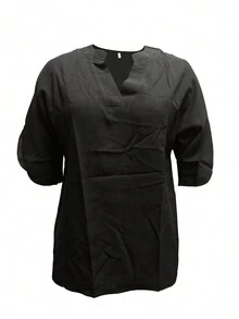 Summer Casual Solid Color V-Neck Batwing Sleeve Shirt - Black - View 3