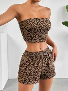 SHEIN EZwear 女性時尚性感豹紋圓管上衣和短褲套裝