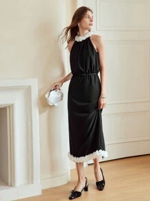 MOTF PREMIUM CONTRAST 3D APPLIQUES DETAIL HALTER NECK DRESS - Black - View 6