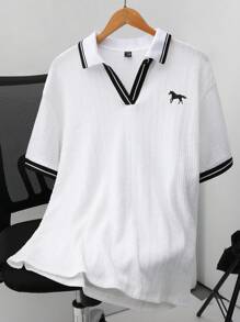 Claim Dot 男士條紋馬印花短袖休閒Polo衫，夏季辦公室和休閒穿著 - 白色 - 查看 1