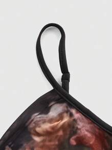 ROMWE Fairycore Plus Size Summer Skull & Flower Printed Mermaid Hem Cami Dress - Black - View 4