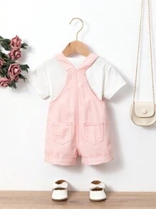 Baby Girl Pink Cute Frayed Washed Denim Overalls Shorts, Versatile Style