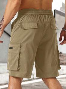 Manfinity Homme Loose-Fit Men's Cargo Shorts With Slogan Graphic, Flap Pockets, And Drawstring Waist - Khaki - View 2