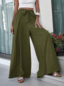 SHEIN VCAY Women's Solid Color Wide Leg Vacation Casual Pants - Army Green - View 6