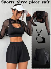SHEIN Sports 實心修身款短削文胸，網眼束口帽外套，短褲瑜伽休閒運動套裝，女式網球服裝 - 彩色 - 查看 1