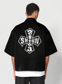 SUMWON Boxy Fit Nylon Shirt With Front And Back Graphic Print - Black - View 1