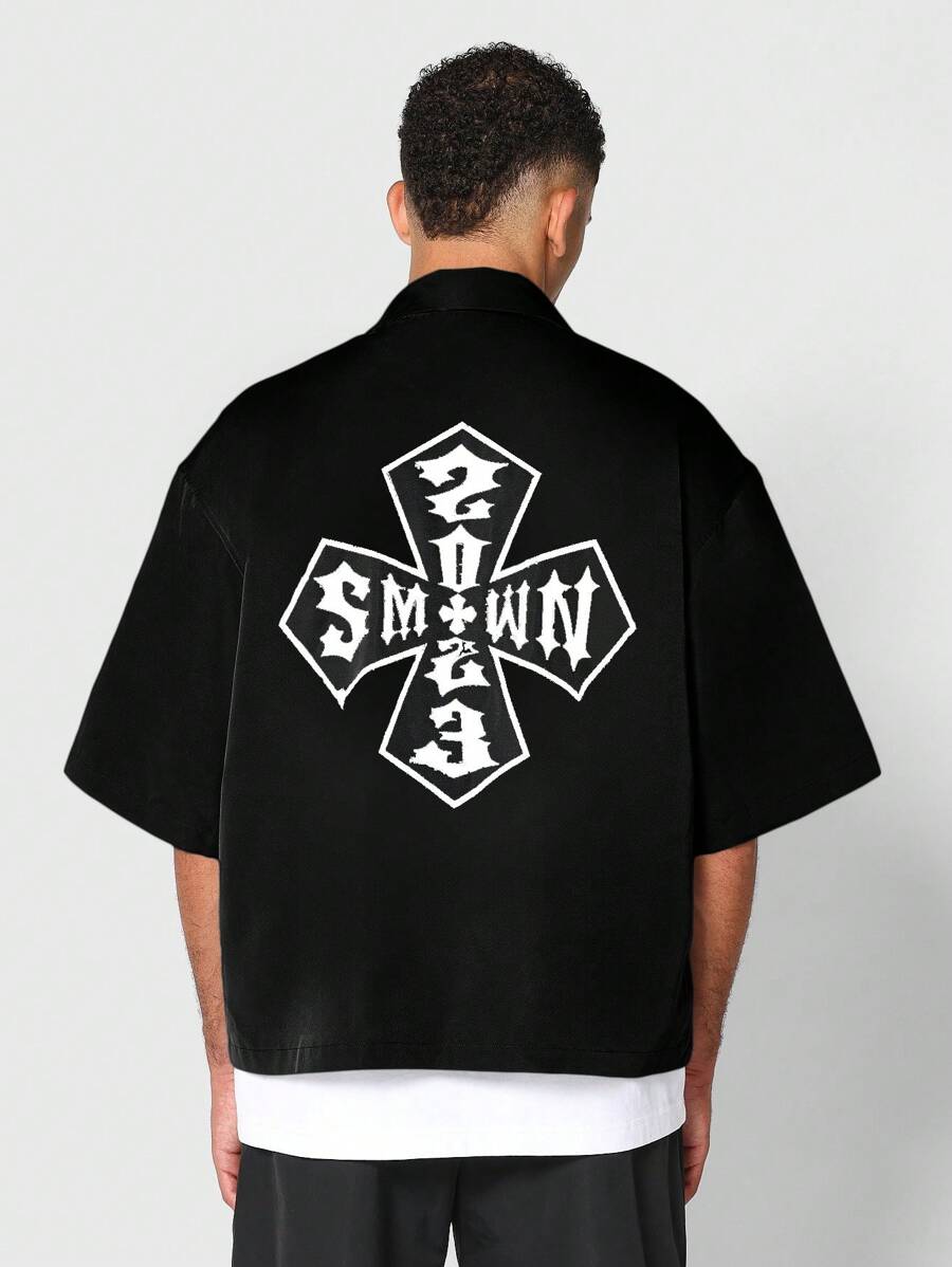 SUMWON Boxy Fit Nylon Shirt With Front And Back Graphic Print - Black - View 1