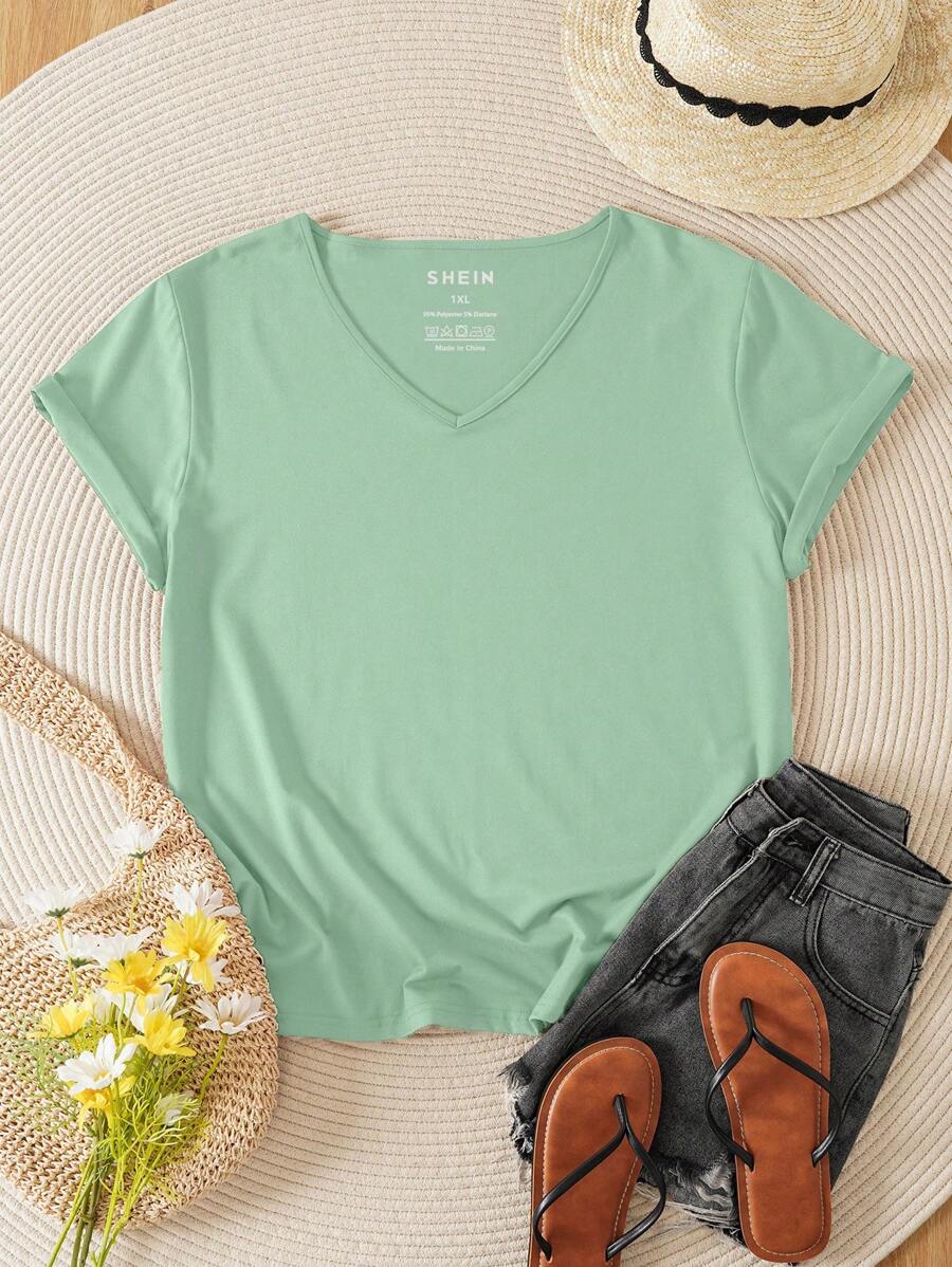 INAWLY Women's Plus Size Solid Color V-neck Short Sleeve T-shirt - Mint Green - View 1